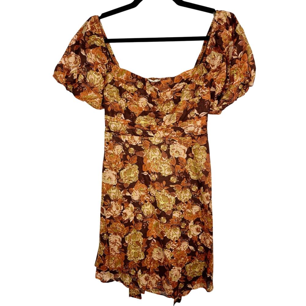 Alter'd State, Size Large, Brown & Orange Lightweight Fall Dres, Puff Sleeves
